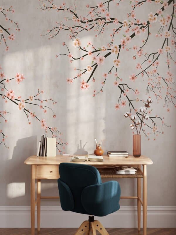 Mural ilustrado de flores de cerezo rosadas en tono beige - Alchemyst