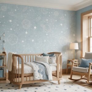 Mural ilustrado infantil espacial con planetas y estrellas en celeste en cuarto de bebé - Alchemyst