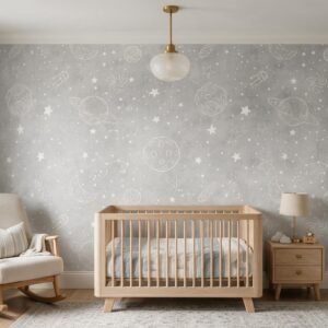 Mural ilustrado infantil espacial con planetas y constelaciones en gris en cuarto de bebé - Alchemyst