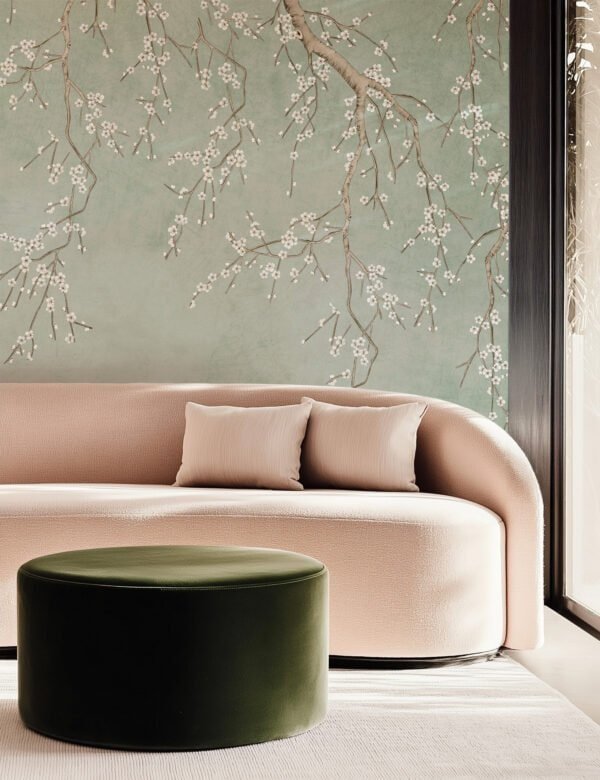Mural ilustrado floral delicado en tonos grises en living - Alchemyst
