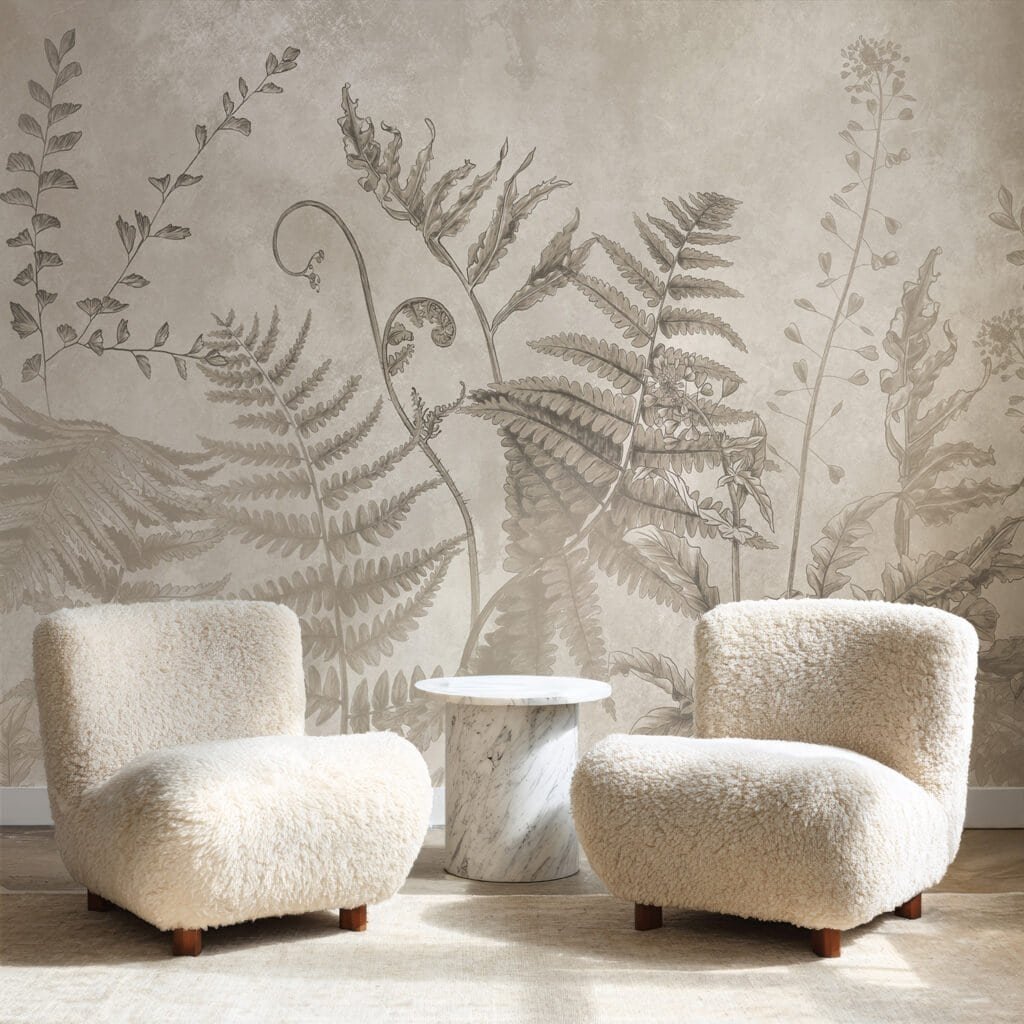 Mural ilustrado de helechos en tono gris en ambiente, Whispers Of Ferns 1 - Alchemyst