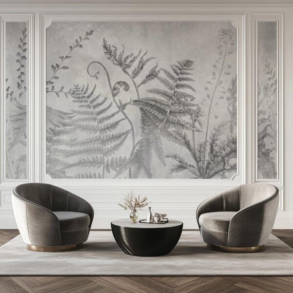 Mural ilustrado botánico de helechos en escala de grises en living - Alchemyst