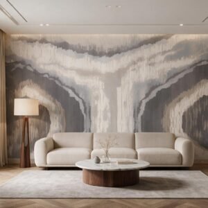 Mural ilustrado abstracto con efecto degradé en gris y beige en living - Alchemyst