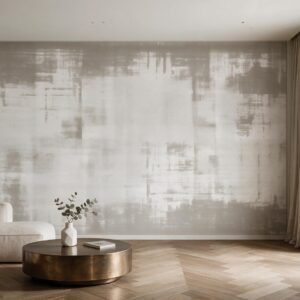 Mural ilustrado abstracto tipo textura envejecida en tonos sepia en living - Alchemyst