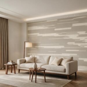 Mural ilustrado abstracto de líneas horizontales en tonos beige en living - Alchemyst