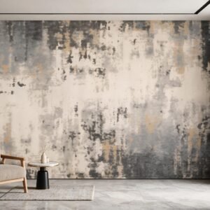 Mural ilustrado abstracto en tonos gris y beige con toques dorados en living - Alchemyst