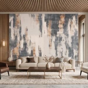 Mural ilustrado abstracto en tonos grises y terracota en living - Alchemyst