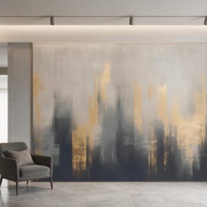 Mural ilustrado abstracto en tonos gris, negro y dorado en living - Alchemyst