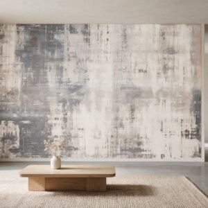 Mural ilustrado abstracto tipo textura envejecida en gris y beige en living - Alchemyst