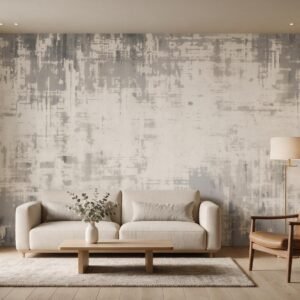 Mural ilustrado abstracto en tonos grises y beige en living - Alchemyst