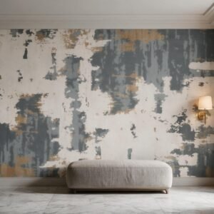 Mural ilustrado abstracto en tonos gris azulado con toques dorados en living - Alchemyst
