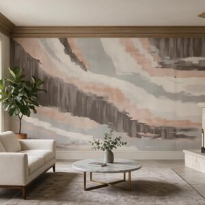 Mural abstracto en tonos suaves en sala moderna de Alchemyst.