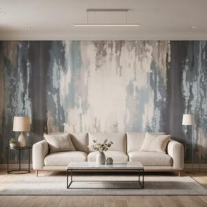 Mural ilustrado abstracto en tonos azules y grises en living - Alchemyst