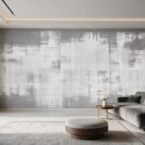 Mural ilustrado abstracto tipo textura envejecida en gris en living - Alchemyst