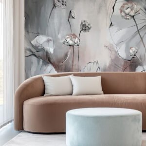 Mural ilustrado botánico de flores de loto estilo pintura en tonos grises y rosados en living - Alchemyst