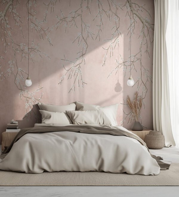 Mural ilustrado botánico de ramas de flores blancas colgantes en tonos rosados en dormitorio - Alchemyst