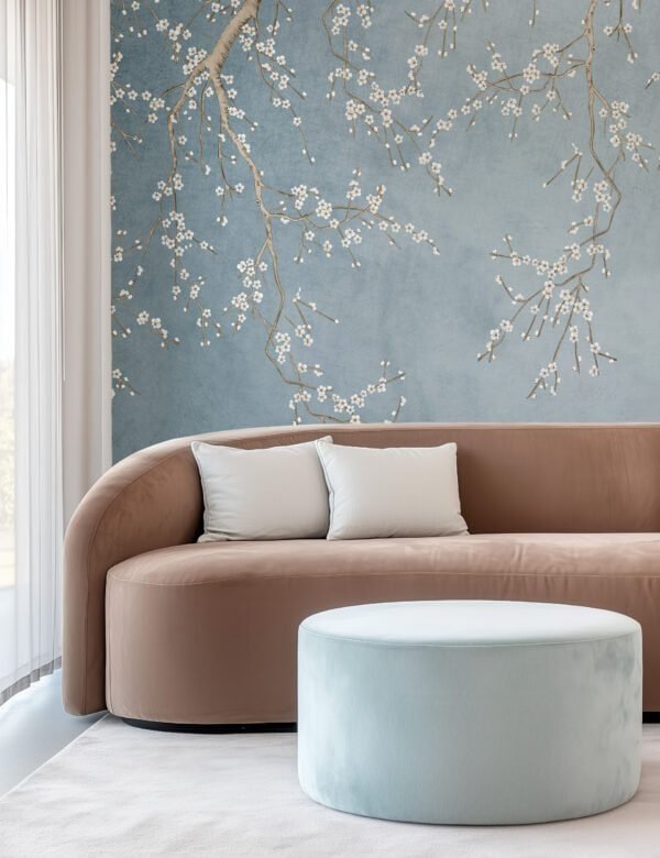 Mural ilustrado floral delicado en tonos grises en living - Alchemyst