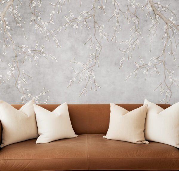 Mural ilustrado floral delicado en tonos grises en living - Alchemyst