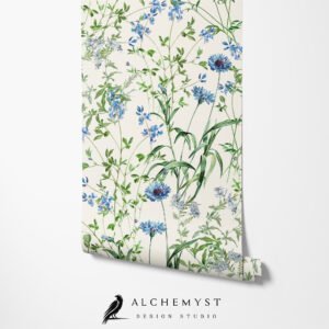 Papel tapiz / empapelado con patrón floral azul y verde - Alchemyst