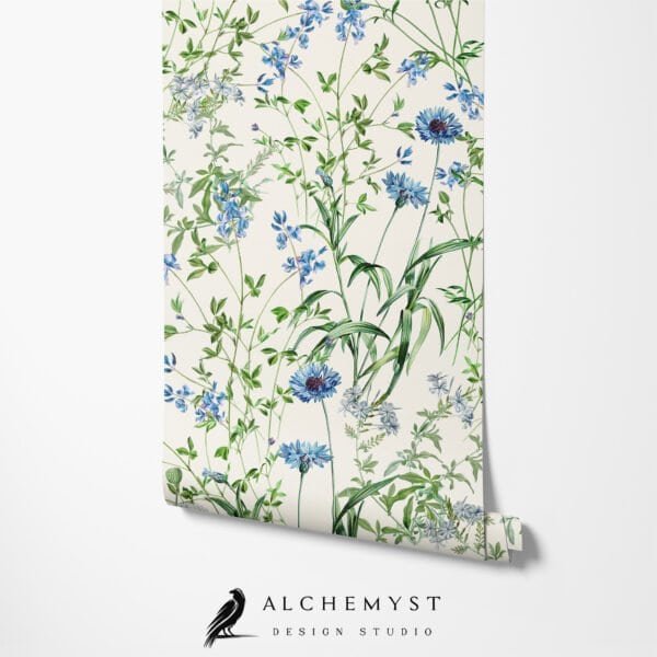 Papel tapiz / empapelado con patrón floral azul y verde - Alchemyst