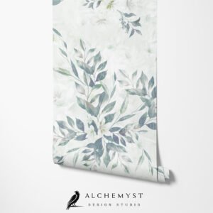 Papel tapiz / empapelado con patrón de hojas verdes y flores blancas - Alchemyst