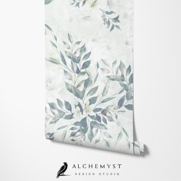 Papel tapiz / empapelado con patrón de hojas verdes y flores blancas - Alchemyst