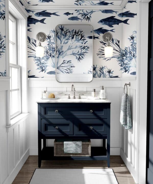 Mural ilustrado de corales y peces en tonos neutros en baño - Alchemyst