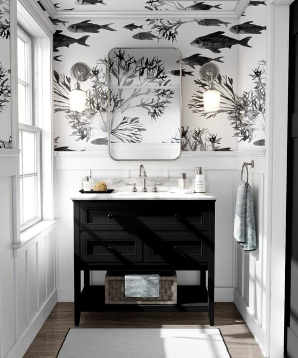 Mural ilustrado de corales y peces en tonos neutros en baño - Alchemyst