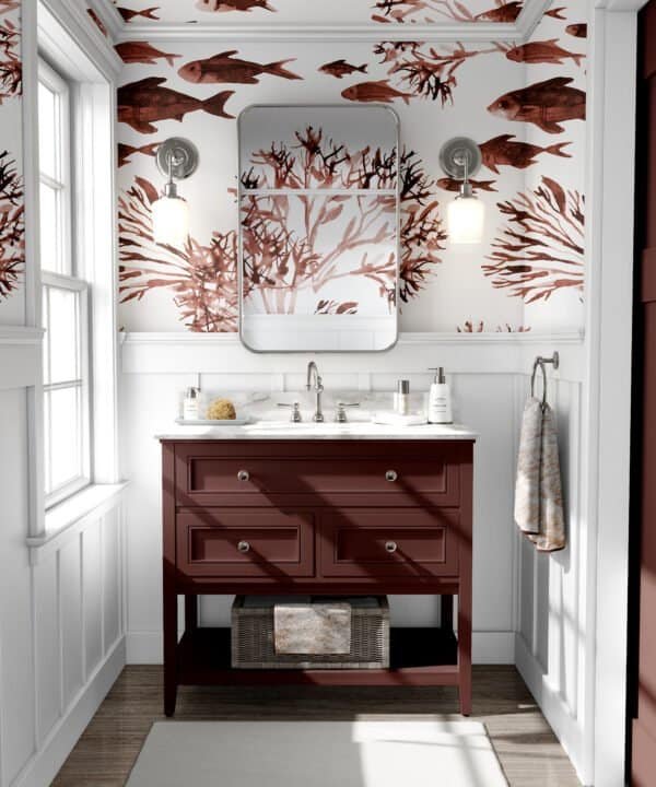 Mural ilustrado de corales y peces en tonos neutros en baño - Alchemyst