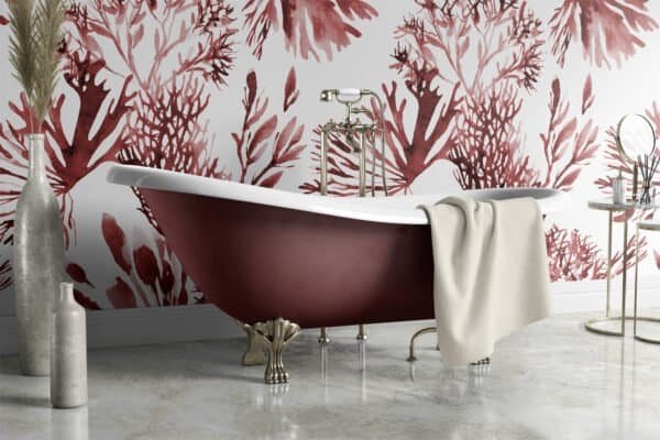 Mural ilustrado de corales en tono burdeos en baño - Alchemyst