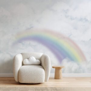Mural ilustrado de arcoíris pastel entre nubes en habitación infantil - Alchemyst