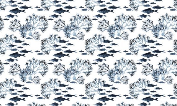 Papel tapiz / empapelado con patrón de peces y coral en tonos azules - Alchemyst