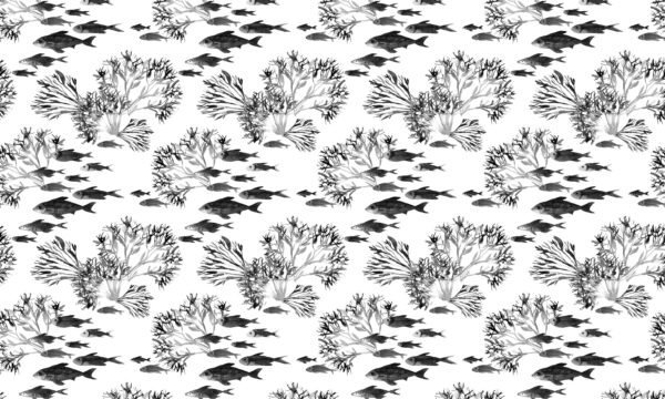 Papel tapiz / empapelado con patrón de peces y coral en escala de grises - Alchemyst