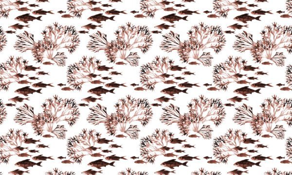 Papel tapiz / empapelado con patrón de peces y coral en tonos terracota - Alchemyst
