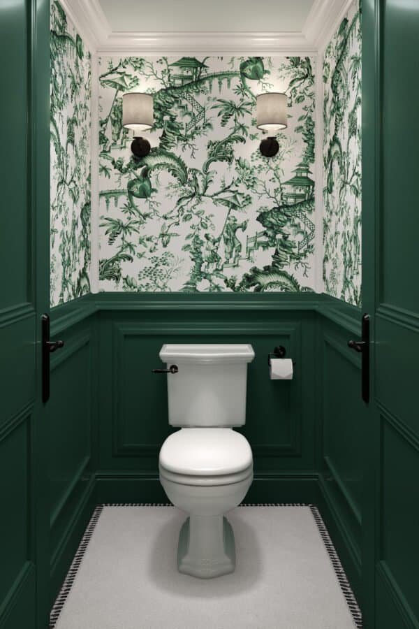 Papel tapiz estilo toile de Jouy en tono verde oscuro en baño - Alchemyst
