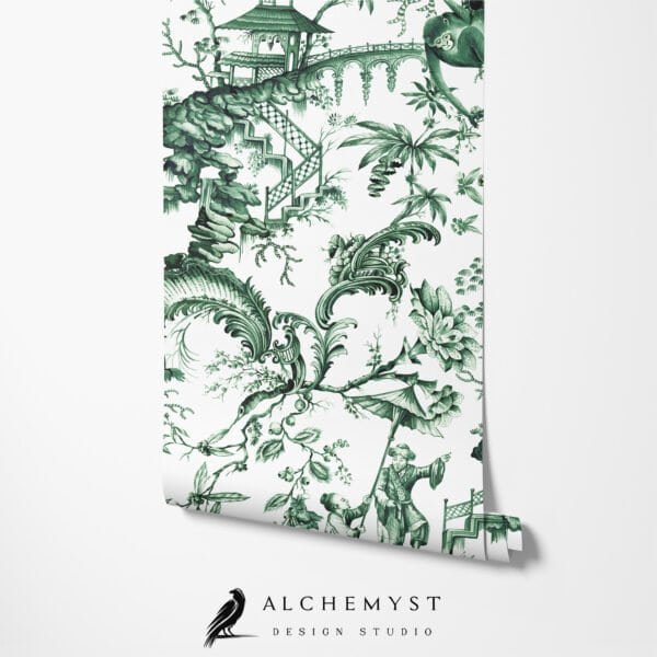 Papel tapiz estilo toile de Jouy en tono verde oscuro - Alchemyst
