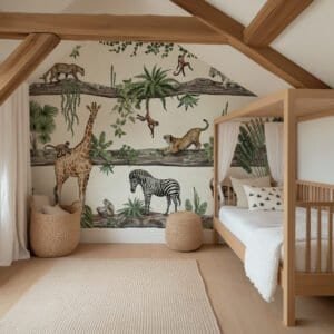Mural ilustrado de animales de safari en tonos verdes en habitación infantil - Alchemyst