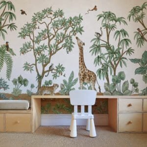 Mural ilustrado de selva con jirafa y tigre en tonos verdes en habitación infantil - Alchemyst