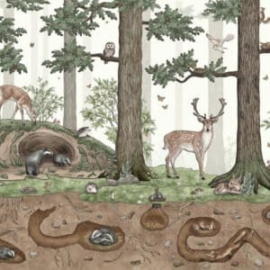 Mural ilustrado de bosque con ciervo y animales en tonos verdes - Alchemyst