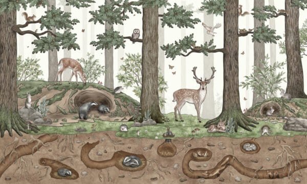 Mural ilustrado de bosque con ciervo y animales en tonos verdes - Alchemyst