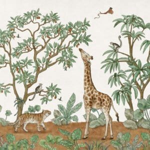 Mural ilustrado de selva con jirafa y tigre en tonos verdes - Alchemyst