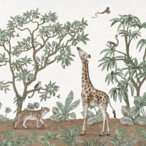 Mural ilustrado de selva con jirafa y tigre en tonos verdes - Alchemyst