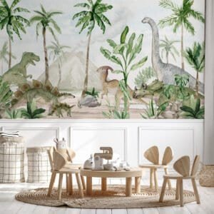 Mural ilustrado de dinosaurios en tono gris en habitación infantil - Alchemyst