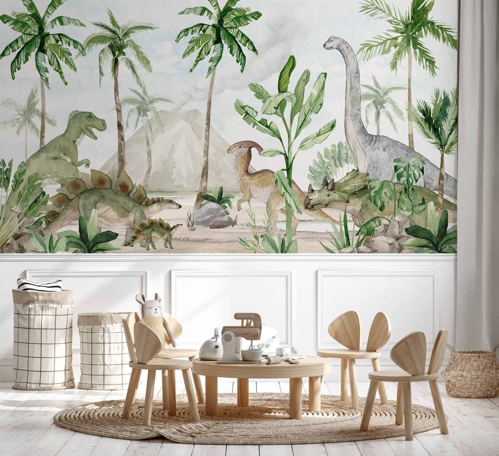 DINO JOY 1 AMB Mural ilustrado de dinosaurios en tono gris en habitación infantil - Alchemyst