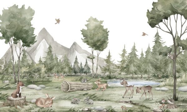 Mural ilustrado de paisaje de montaña con bosque y lago en tonos verdes - Alchemyst