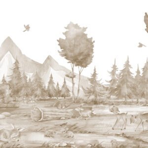 Mural ilustrado de paisaje de montaña con bosque y lago en tonos verdes - Alchemyst