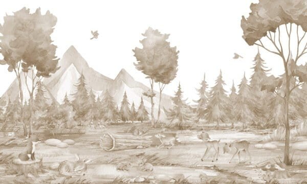 Mural ilustrado de paisaje de montaña con bosque y lago en tonos verdes - Alchemyst