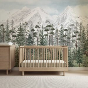 Mural ilustrado de bosque de pinos en tonos beige en habitación infantil - Alchemyst