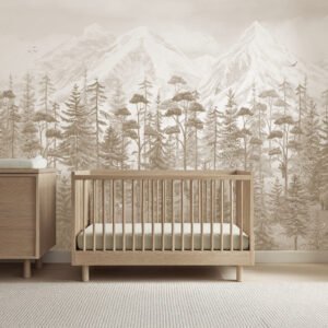 Mural ilustrado de bosque de pinos en tonos beige en habitación infantil - Alchemyst