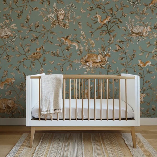 Papel tapiz con patrón de animales y flores en tono verde en habitación infantil - Alchemyst